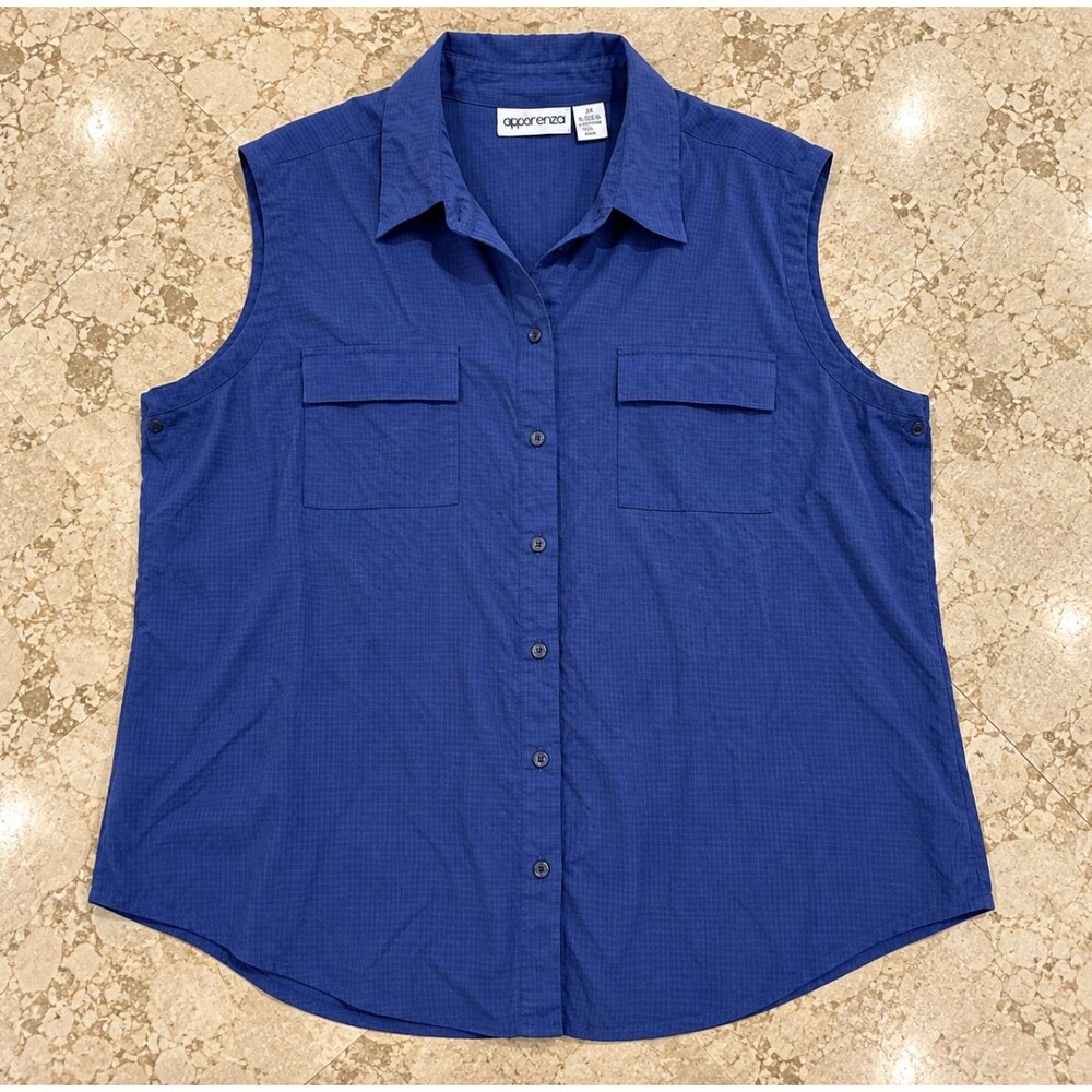 Apparenza Blue Sleeveless Button Front Shirt Womens 2XL Collared Pocket Top Y2K